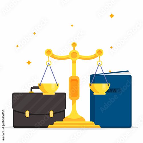Law concept with scales of justice, briefcase, and book. Representing court, legislation, balance, and legal system.