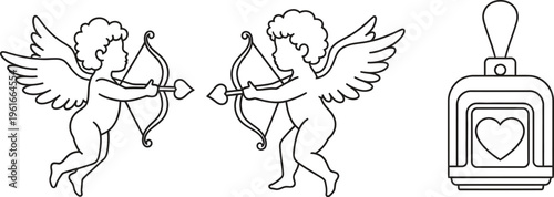 Outline vector illustration of two flying Cupid cherubs with bows and a heart locket perfect for Valentines Day wedding invitations or romantic design projects