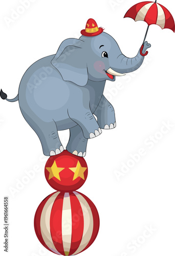 Cuadro en lienzo Cute elephant balancing on ball with umbrella cartoon circus character playful a