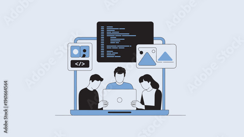 Three developers working together on a coding project with multiple screens and code snippets