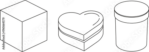 Set of minimalist outline gift boxes including cube heart and cylinder shapes perfect for packaging design and e-commerce concepts