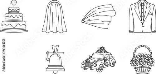 Collection of wedding celebration line art icons featuring essential bridal and groom elements ideal for event planning invitations and digital design