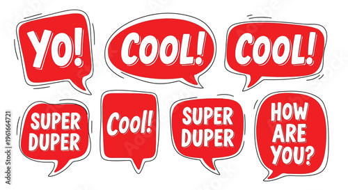 A set of red speech bubbles with white text