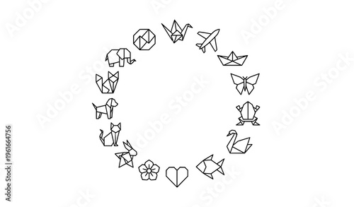 Simple origami line icons in circular layout with paper crane boat plane and abstract folded shapes vector set