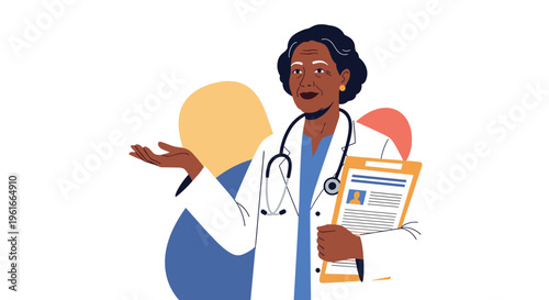 Senior African American female doctor gesturing with one hand while holding a clipboard in a professional medical setting.