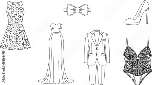 Vector outline set of various fashion garments and accessories featuring dresses a suit high heels and lingerie ideal for fashion design and style concepts