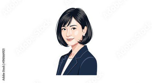 Portrait of a confident and professional young Asian woman wearing a dark blue business suit and white shirt.