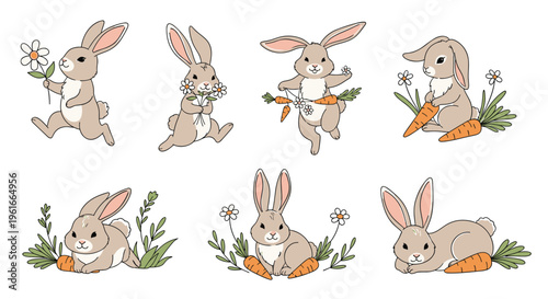 Collection of cute cartoon rabbits in various poses holding spring flowers and carrots for Easter or nursery decorations.