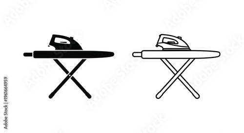 Black and white line art of an ironing board and iron