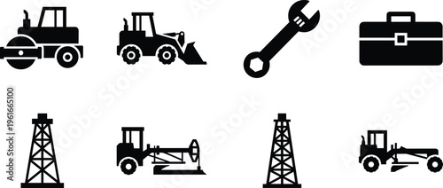 Silhouette icons of construction and industrial equipment including road roller, bulldozer, wrench, toolbox, oil derricks, and motor graders for 