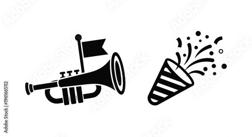 Celebratory icons a trumpet with flag and a party popper exploding