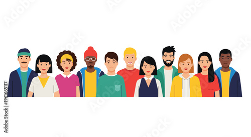 Diverse group of young people standing together in a row representing community, inclusion, and social unity.