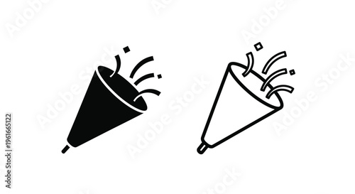 Two black and white illustrations of party poppers with confetti