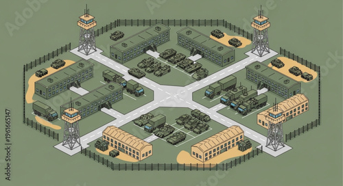 Isometric Military Base Layout with Vehicles and Communication Towers.