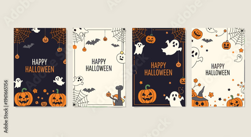 Set of four Happy Halloween greeting cards with spooky elements like ghosts, pumpkins, bats, spider webs, and stars.