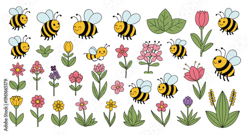 Collection of cute bumblebees flying among various colorful spring flowers like tulips, daisies, and lavender plants.