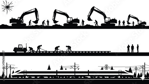 Silhouette illustration showing railway construction stages with workers, excavators, track-laying process, and modern high-speed train operation on electrified railway infrastructure landscape