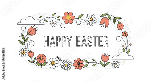 Decorative floral wreath border with Happy Easter text in the center featuring various spring flowers and soft clouds.