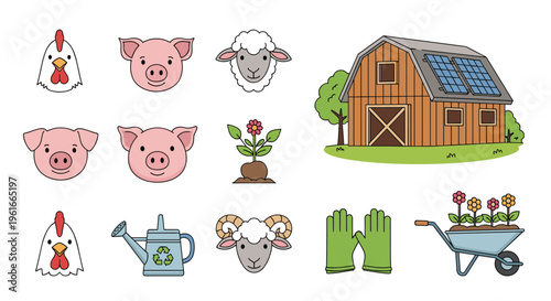 Farm life illustration set featuring barn with solar panels, farm animals like pig and sheep, and gardening tools.