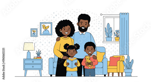 Happy black family of four including parents and two children standing together in their cozy living room at home.