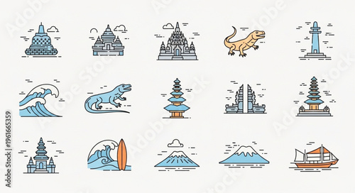 Collection of Indonesian Landmarks and Cultural Icons in Line Art Style.