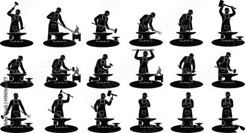 Traditional blacksmith silhouettes performing metalworking tasks with hammers, anvils, and forge fire, showcasing craftsmanship, labor, and industrial heritage in detailed vector illustration design.