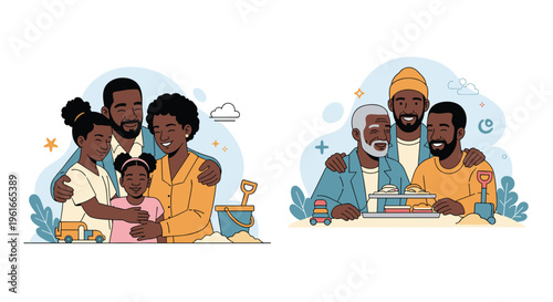Two scenes of a happy black family enjoying time together on a beach trip and sharing a meal at a picnic.