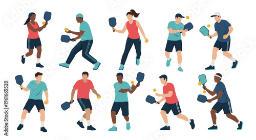 Large set of diverse people playing pickleball in various active poses like serving, hitting, and running on court.