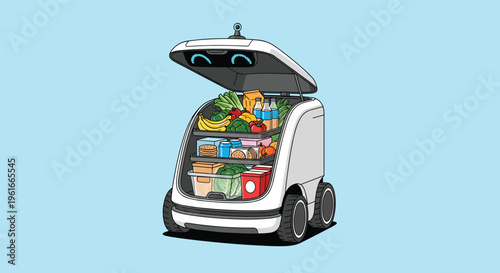 Futuristic autonomous delivery robot with an open compartment filled with fresh fruits, vegetables, and groceries.