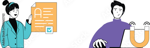 Professional presenting document while colleague examines magnetism with scientific apparatus