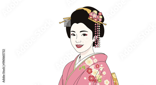 Elegant portrait of a Japanese woman in a traditional pink silk kimono with an elaborate geisha hairstyle and ornaments.