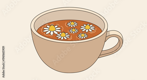 Vector tea cup with daisies, floral coffee mug, brown ceramic cup, cartoon illustration
