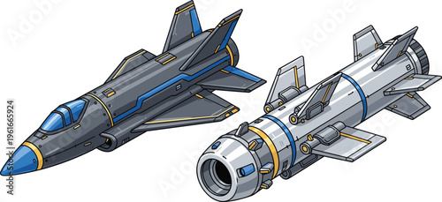Futuristic jet fighter and missile illustration advanced military aircraft weapon system sleek design high tech vector isolated on white background