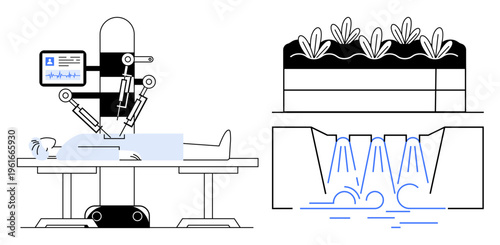 Healthcare, advanced technology, robotics, clean energy, agriculture, water management. Robotic surgeon operating. Robotic surgery and advanced technology in healthcare concept