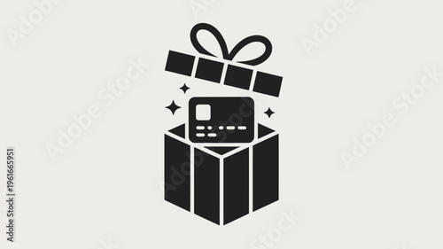 A black and white illustration of a gift box with a credit card emerging from it, symbolizing a special financial offer or reward.