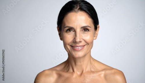 Confident  radiant mature woman smiling with portrait against a clean white background.