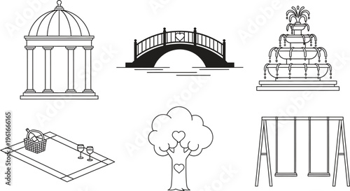 Collection of minimalist line art park and garden elements including a gazebo bridge fountain picnic tree and swing set ideal for romantic outdoor themes or web design