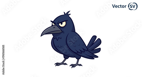 Angry cartoon crow, black bird character with stern expression, vector illustration