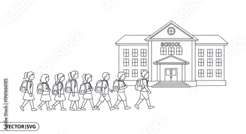 Children with backpacks walking to school building, line drawing, back to school concept