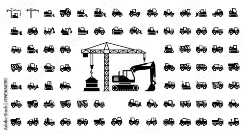 Construction Vehicles Icons Set: Crane, Excavator, Trucks, Bulldozers, Loaders
