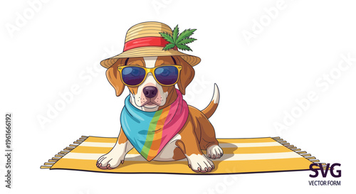 Cute Dog Wearing Sunglasses and Hat on Beach Towel - Summer Vacation