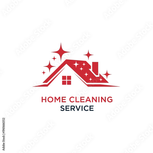 Red home cleaning service logo with house and sparkles suggesting spotless and shining results.