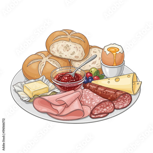 Delicious breakfast plate with bread, jam, egg, cheese, ham, and sausage