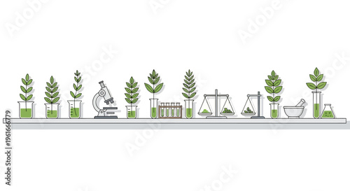 Eco friendly laboratory, green technology icons, sustainable science, environmental research symbols