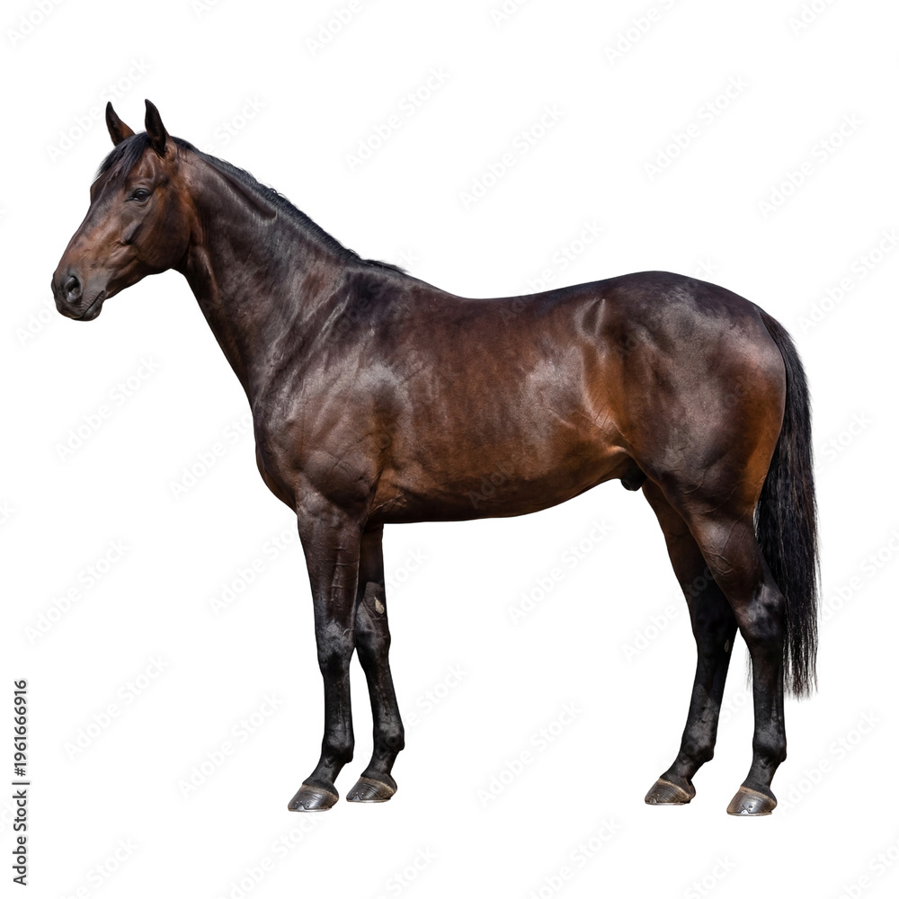 Fototapeta premium Majestic dark brown horse standing in profile, powerful thoroughbred stallion with glossy coat, athletic bay equine portrait for equestrian branding isolated PNG with Transparent Background