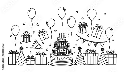 Black and white birthday party line art with cake balloons gifts and confetti minimalist vector illustration