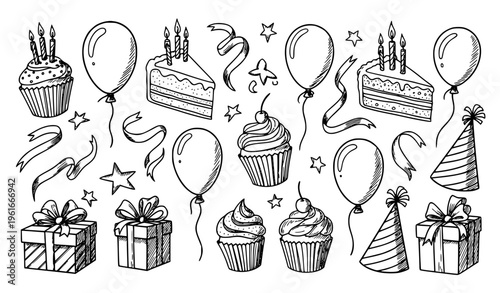 Hand drawn birthday doodle elements black and white vector set with cake balloons gifts and party decorations