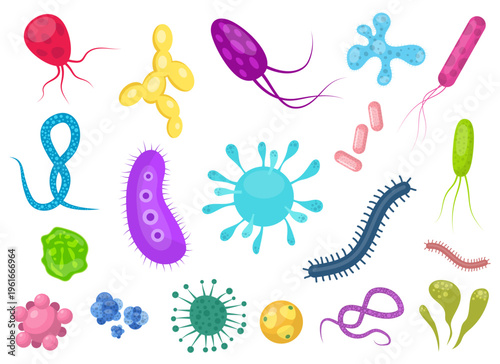 Colorful array of assorted cartoon style bacteria and viruses on white