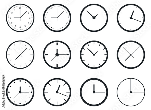Collection of clocks displaying different times in a minimalist style.