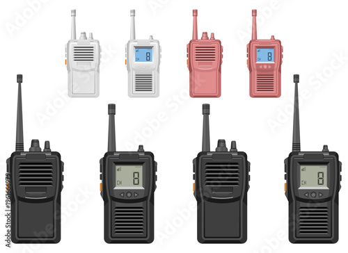 Array of two-way radios in black, white, and pink for communication.